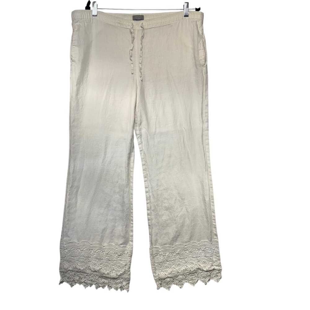 Kenar‎ Womens White 100% Linen Lace Trim Wide Leg Drawstring Pants Size Medium